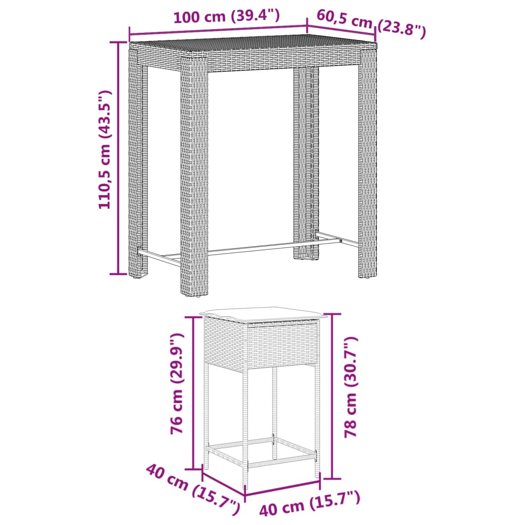 Set Bar da Giardino 7 pz con Cuscini in Polyrattan Marrone