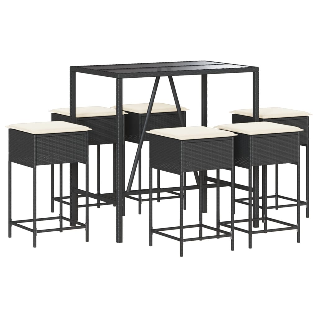 Set Bar da Giardino 7 pz con Cuscini in Polyrattan Nero