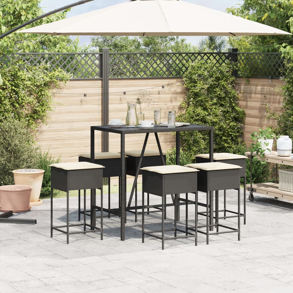 Set Bar da Giardino 7 pz con Cuscini in Polyrattan Nero