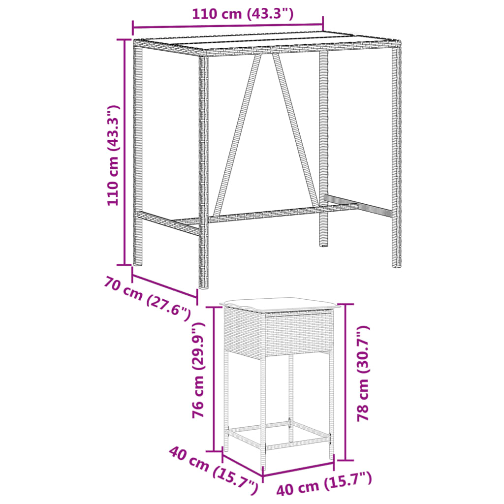 Set Bar da Giardino 7 pz con Cuscini in Polyrattan Nero