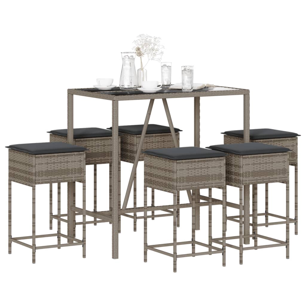 Set Bar da Giardino 7 pz con Cuscini in Polyrattan Grigio