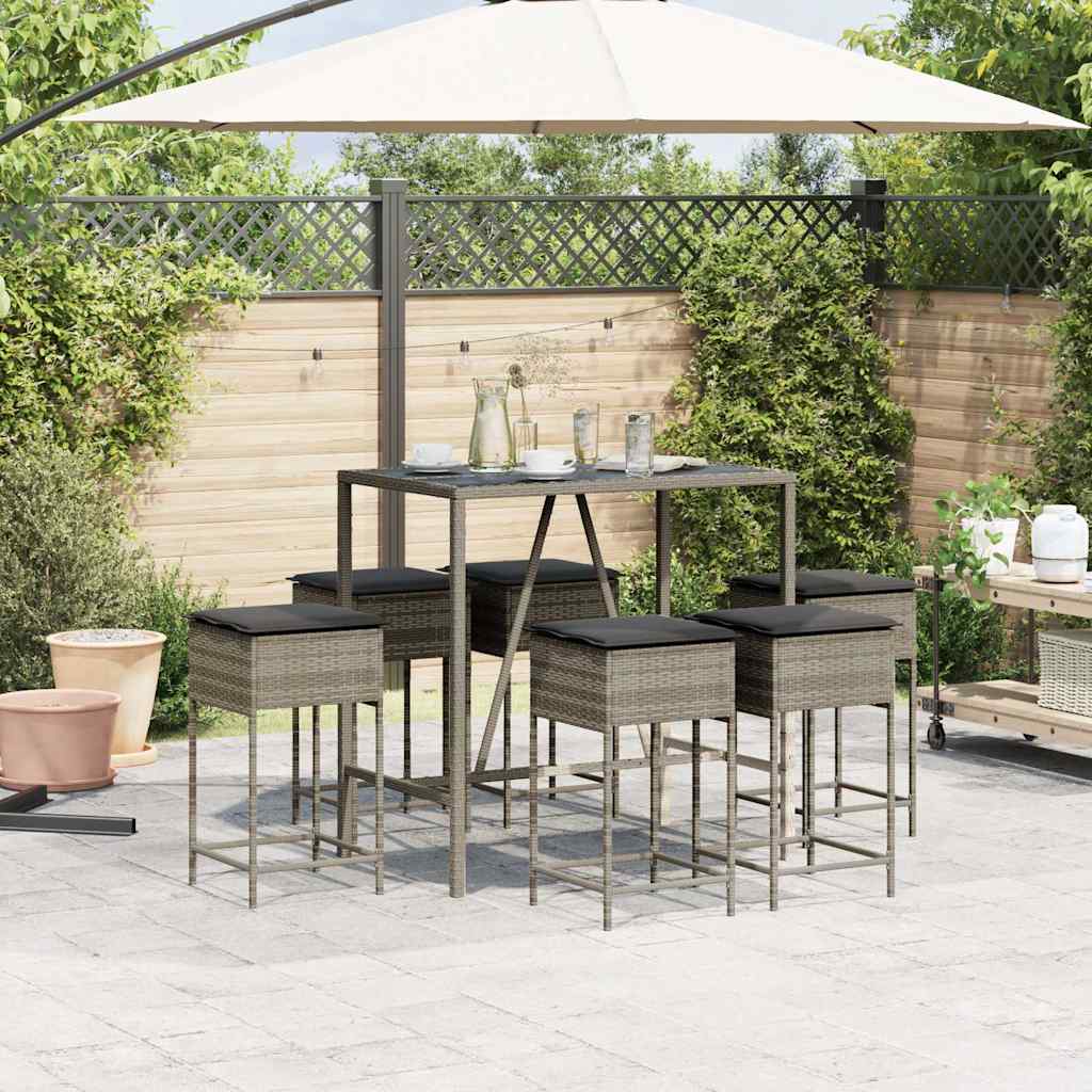 Set Bar da Giardino 7 pz con Cuscini in Polyrattan Grigio