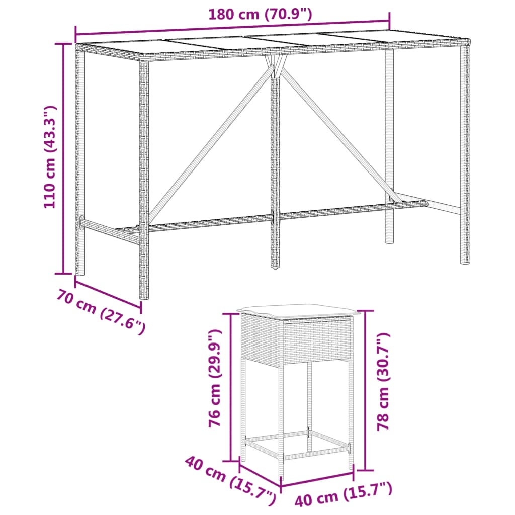Set Bar da Giardino 7 pz con Cuscini in Polyrattan Marrone