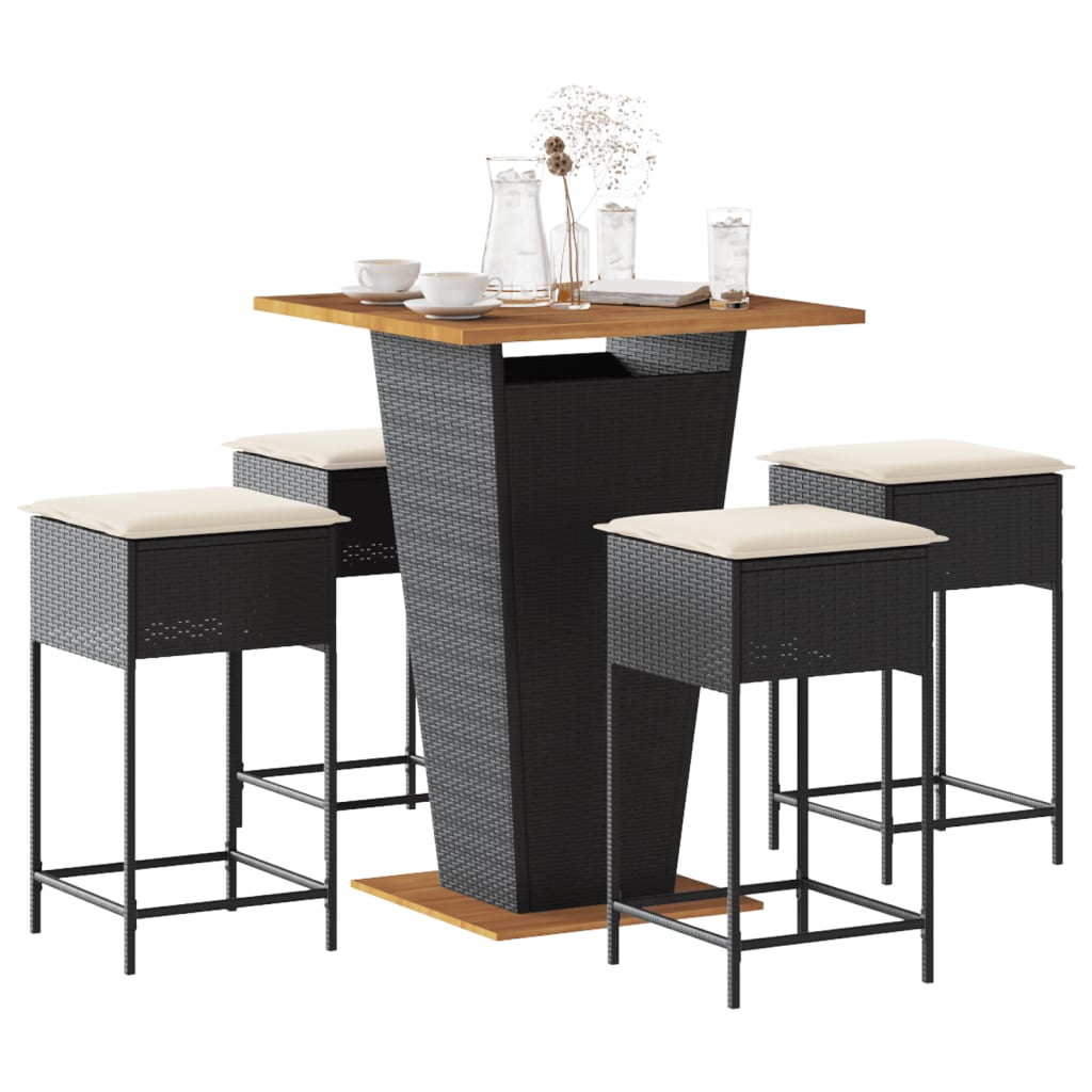 Set Bar da Giardino 5 pz con Cuscini in Polyrattan Nero