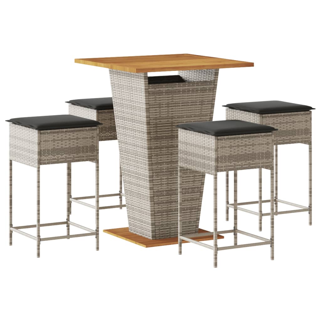 Set Bar da Giardino 5 pz con Cuscini in Polyrattan Grigio