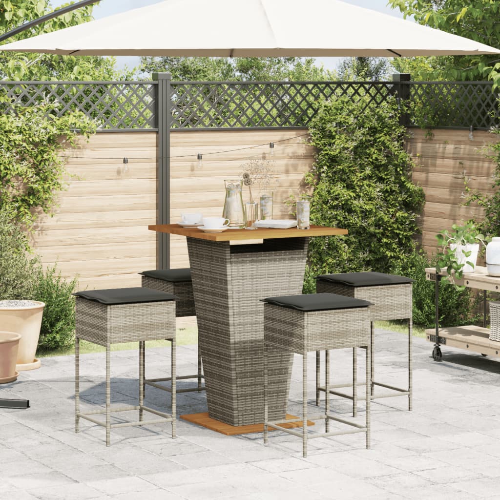 Set Bar da Giardino 5 pz con Cuscini in Polyrattan Grigio