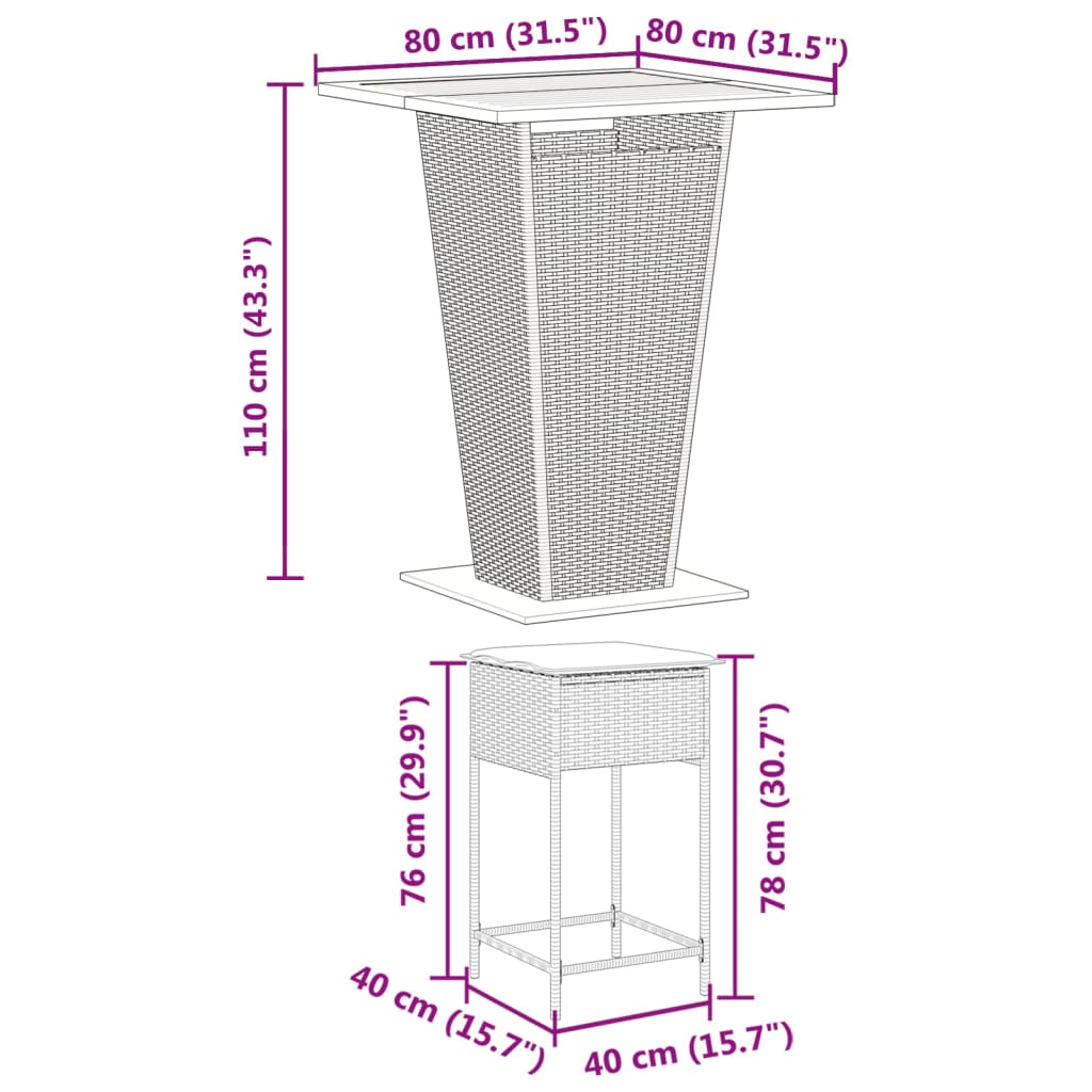 Set Bar da Giardino 5 pz con Cuscini in Polyrattan Grigio