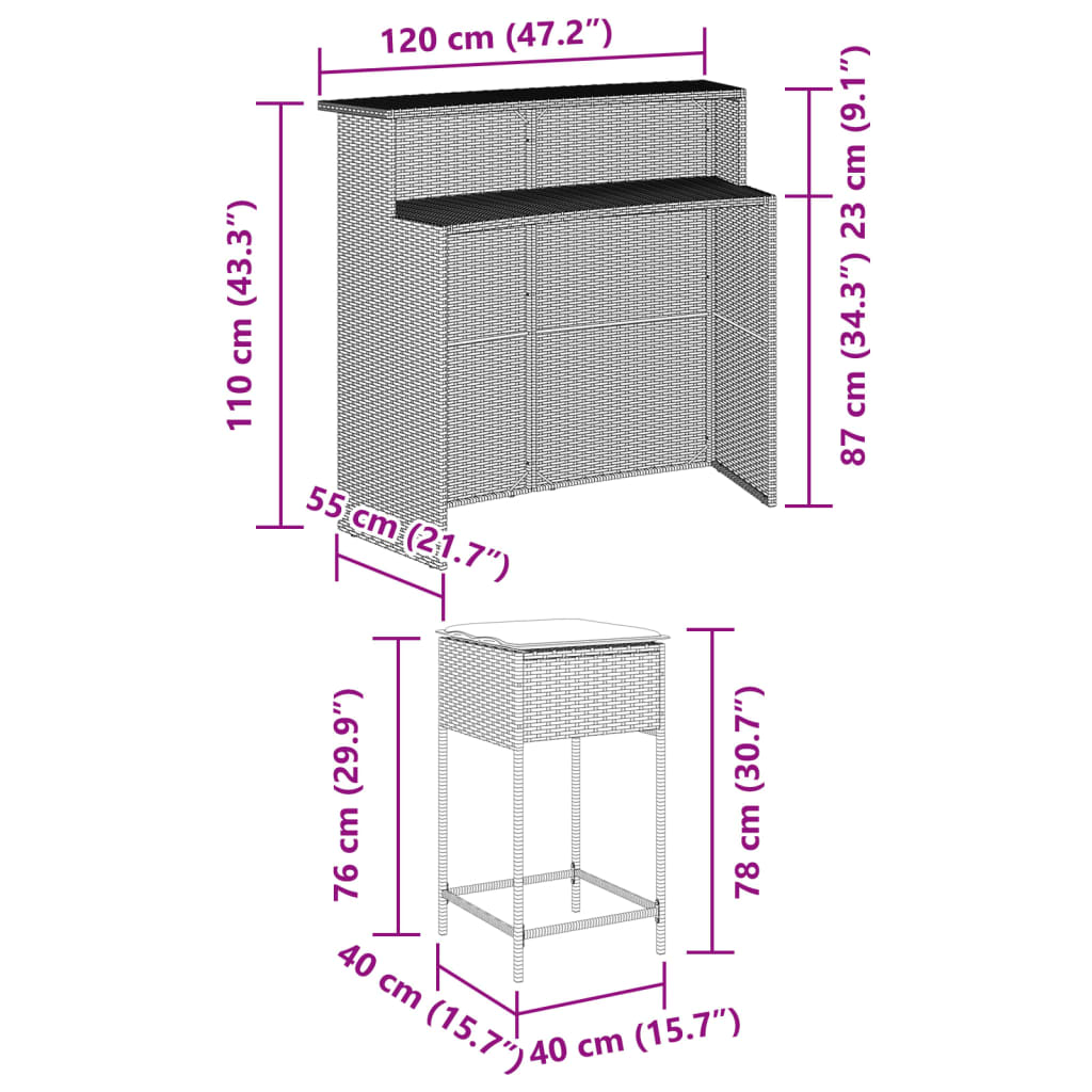 Set Bar da Giardino 5 pz con Cuscini in Polyrattan Marrone