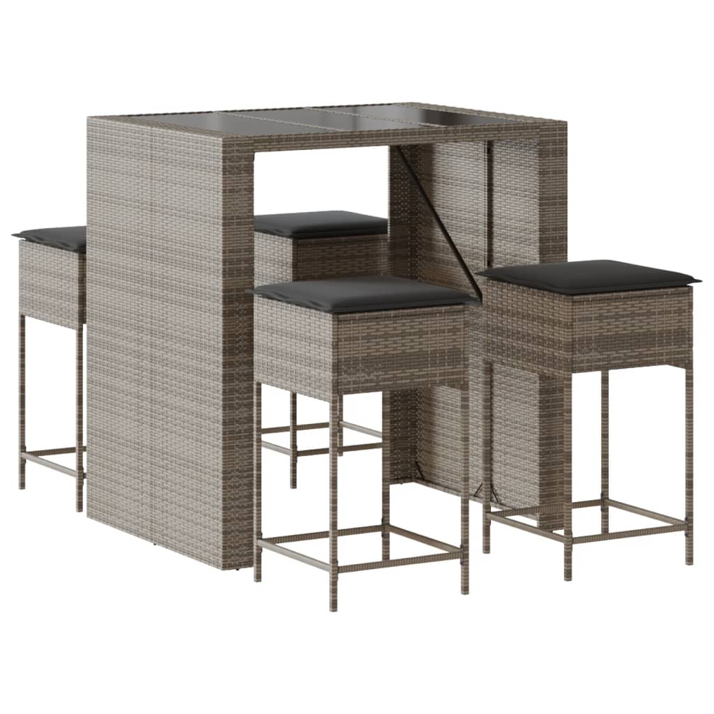 Set Bar da Giardino 5 pz con Cuscini in Polyrattan Grigio