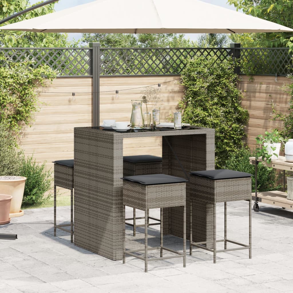 Set Bar da Giardino 5 pz con Cuscini in Polyrattan Grigio