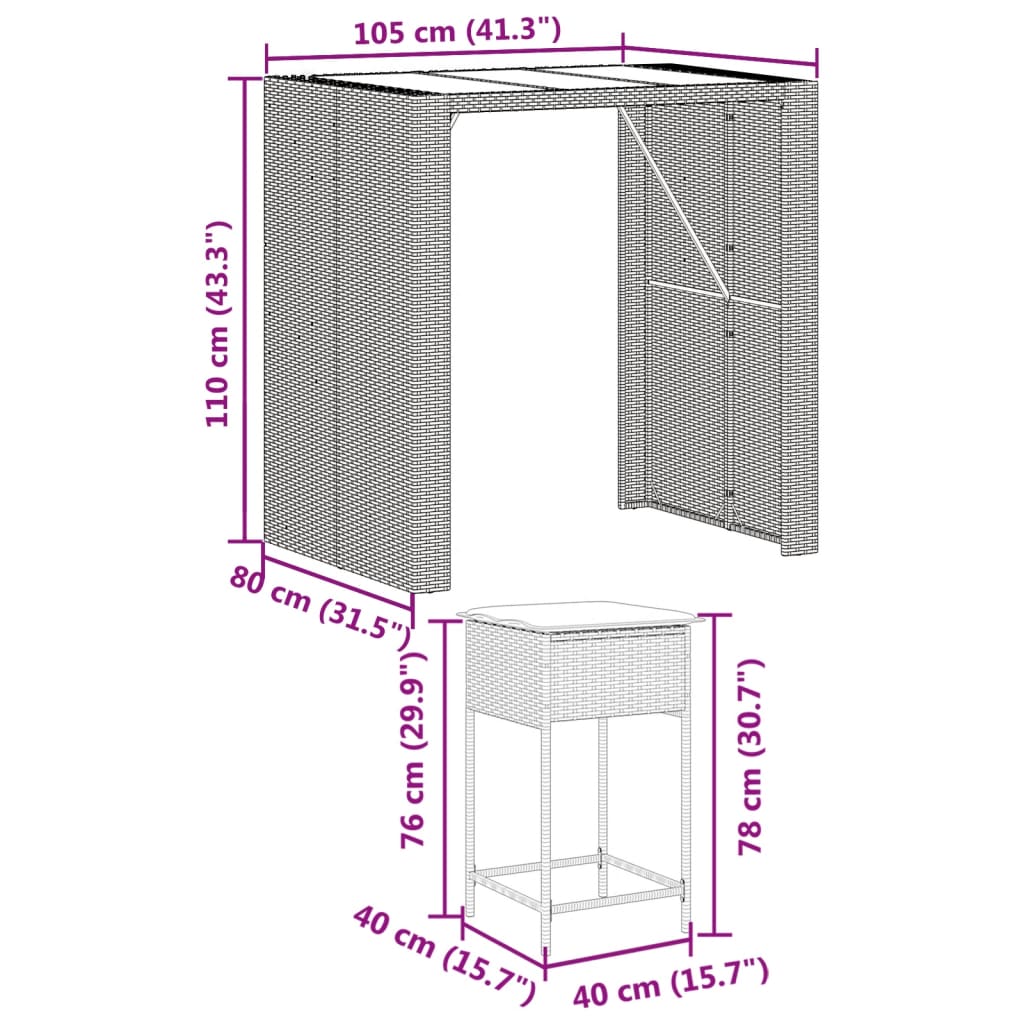 Set Bar da Giardino 5 pz con Cuscini in Polyrattan Grigio