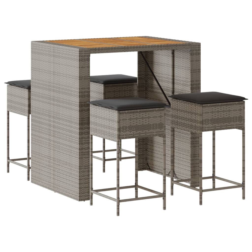 Set Bar da Giardino 5 pz con Cuscini in Polyrattan Grigio
