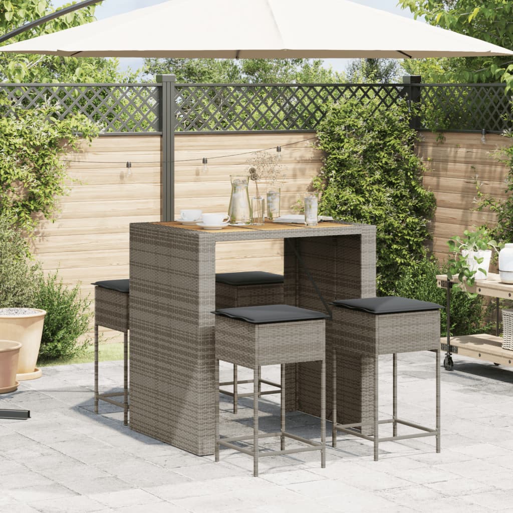 Set Bar da Giardino 5 pz con Cuscini in Polyrattan Grigio
