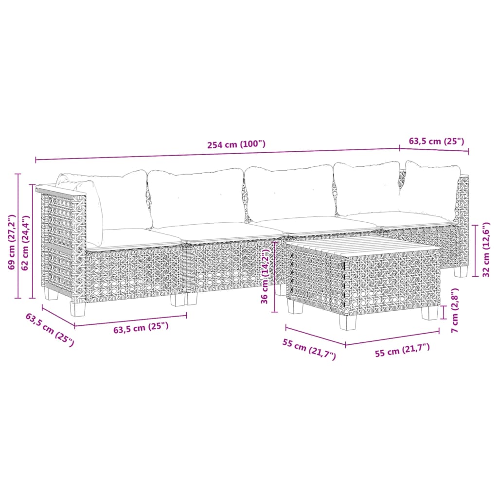 Set Divani da Giardino 5 pz con Cuscini in Polyrattan Nero
