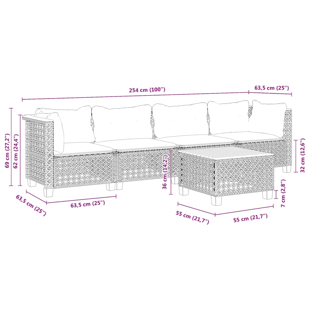 Set Divano da Giardino 5 pz con Cuscini Beige in Polyrattan
