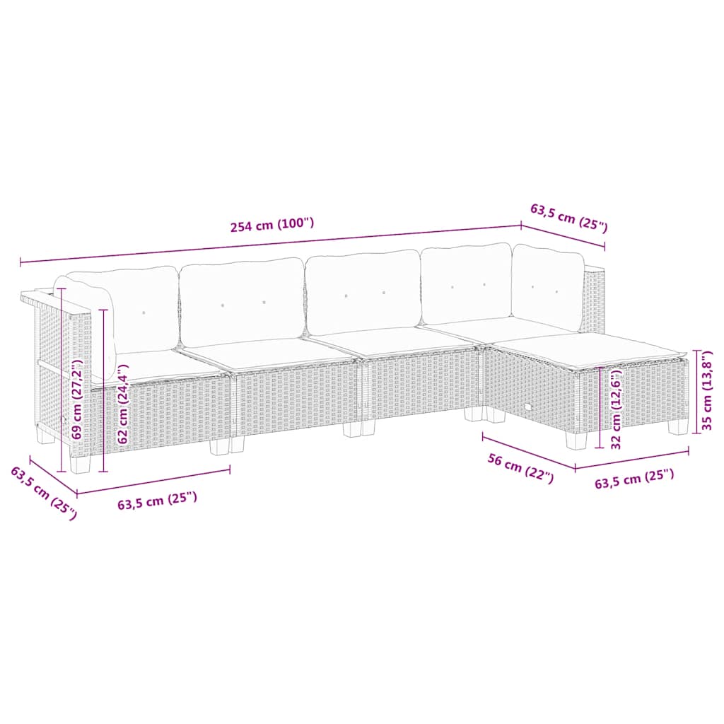 Set Divani da Giardino 5 pz con Cuscini in Polyrattan Nero