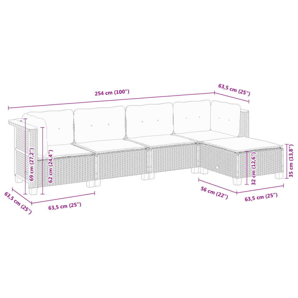 Set Divano da Giardino 5 pz con Cuscini Grigio in Polyrattan