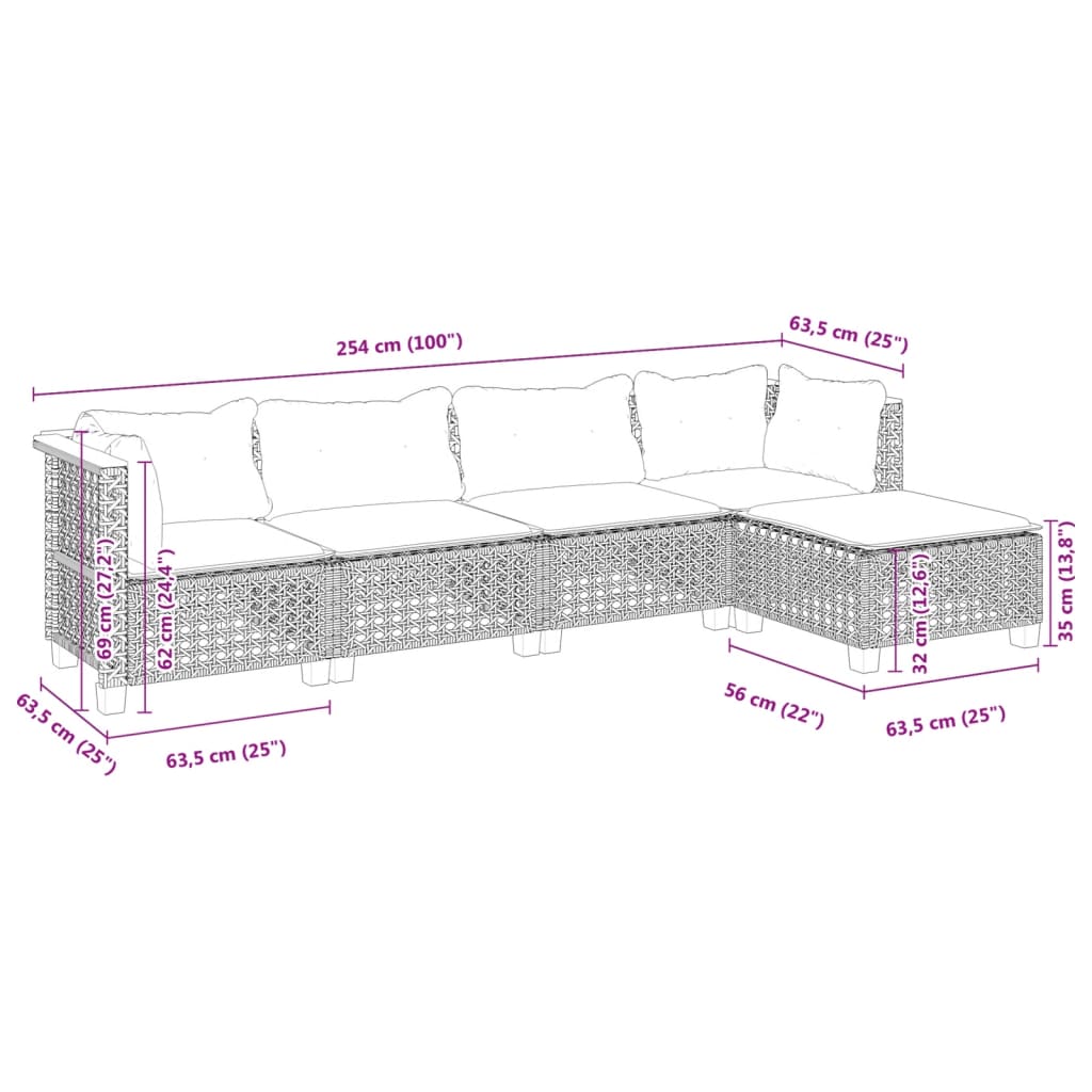 Set Divano da Giardino 5 pz con Cuscini Grigio in Polyrattan