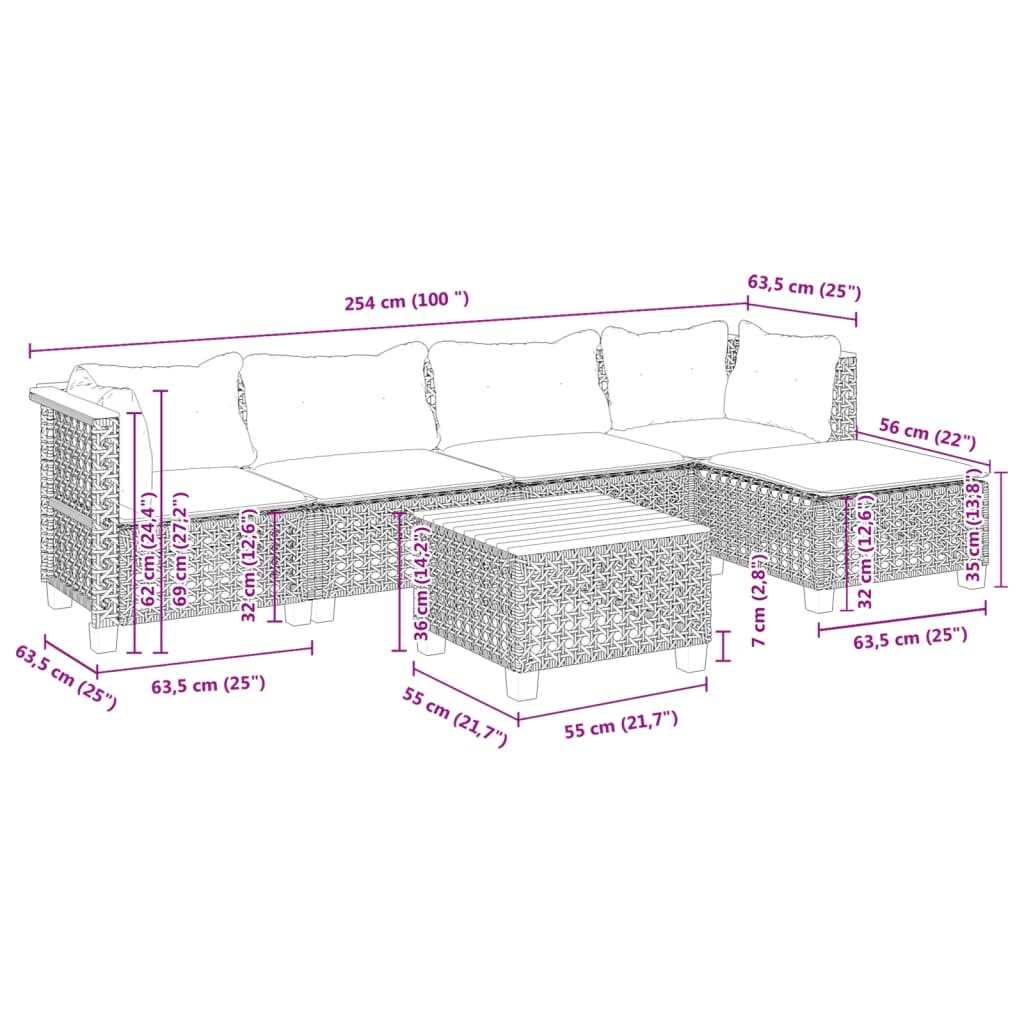 Set Divano da Giardino 6 pz con Cuscini Nero in Polyrattan