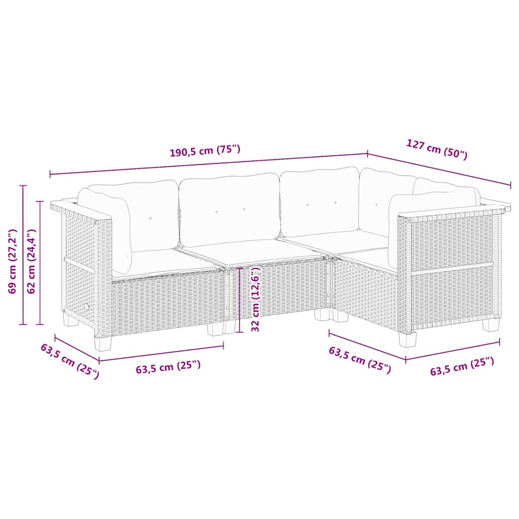 Set Divani da Giardino 4 pz con Cuscini Nero in Polyrattan