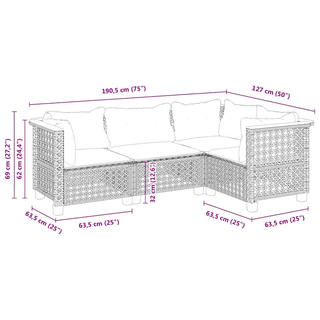Set Divano da Giardino 4 pz con Cuscini Beige in Polyrattan