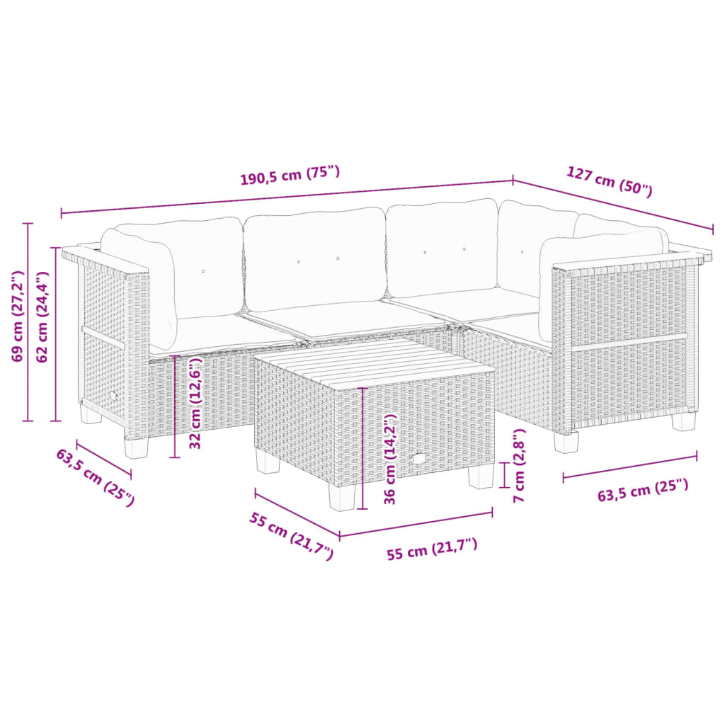 Set Divano da Giardino 5 pz con Cuscini Grigio in Polyrattan