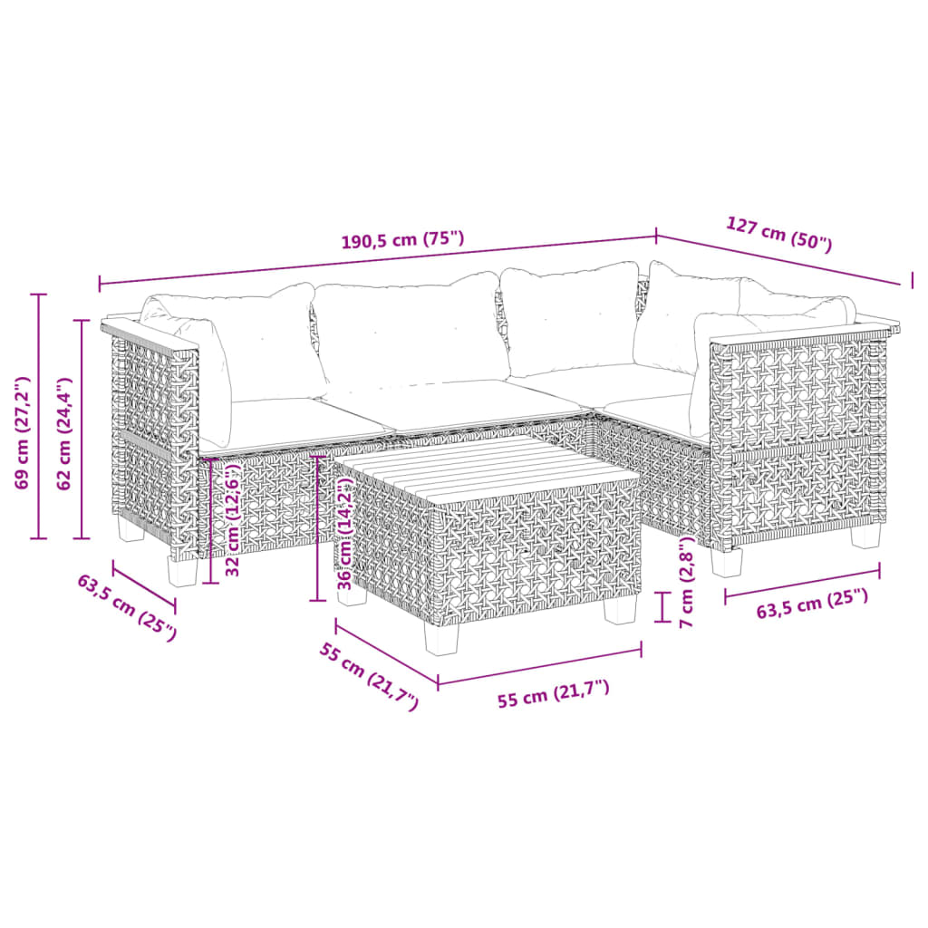 Set Divano da Giardino 5 pz con Cuscini Grigio in Polyrattan