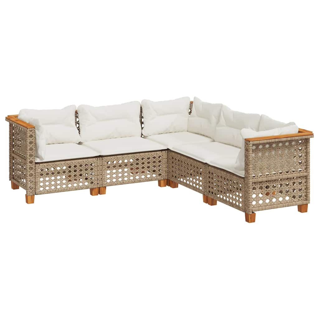 Set Divano da Giardino 5 pz con Cuscini Beige in Polyrattan