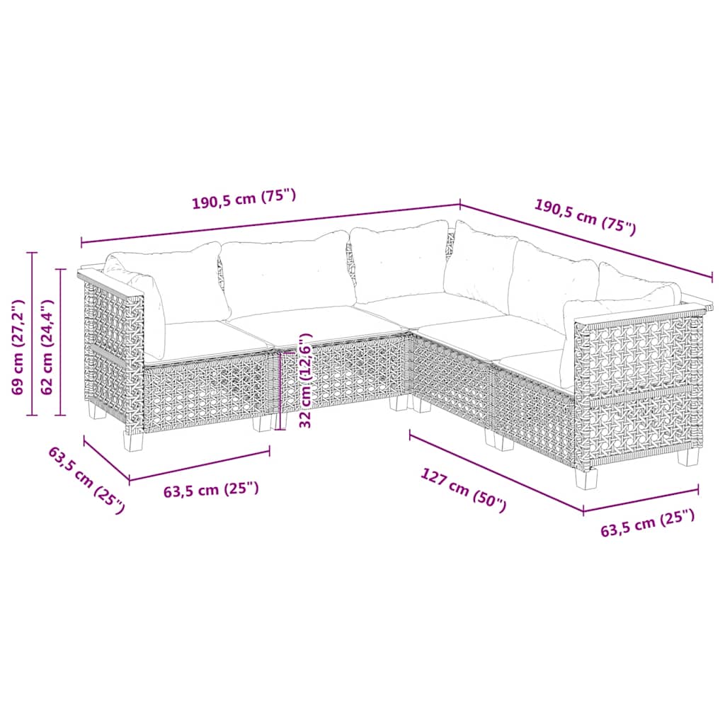 Set Divano da Giardino 5 pz con Cuscini Beige in Polyrattan