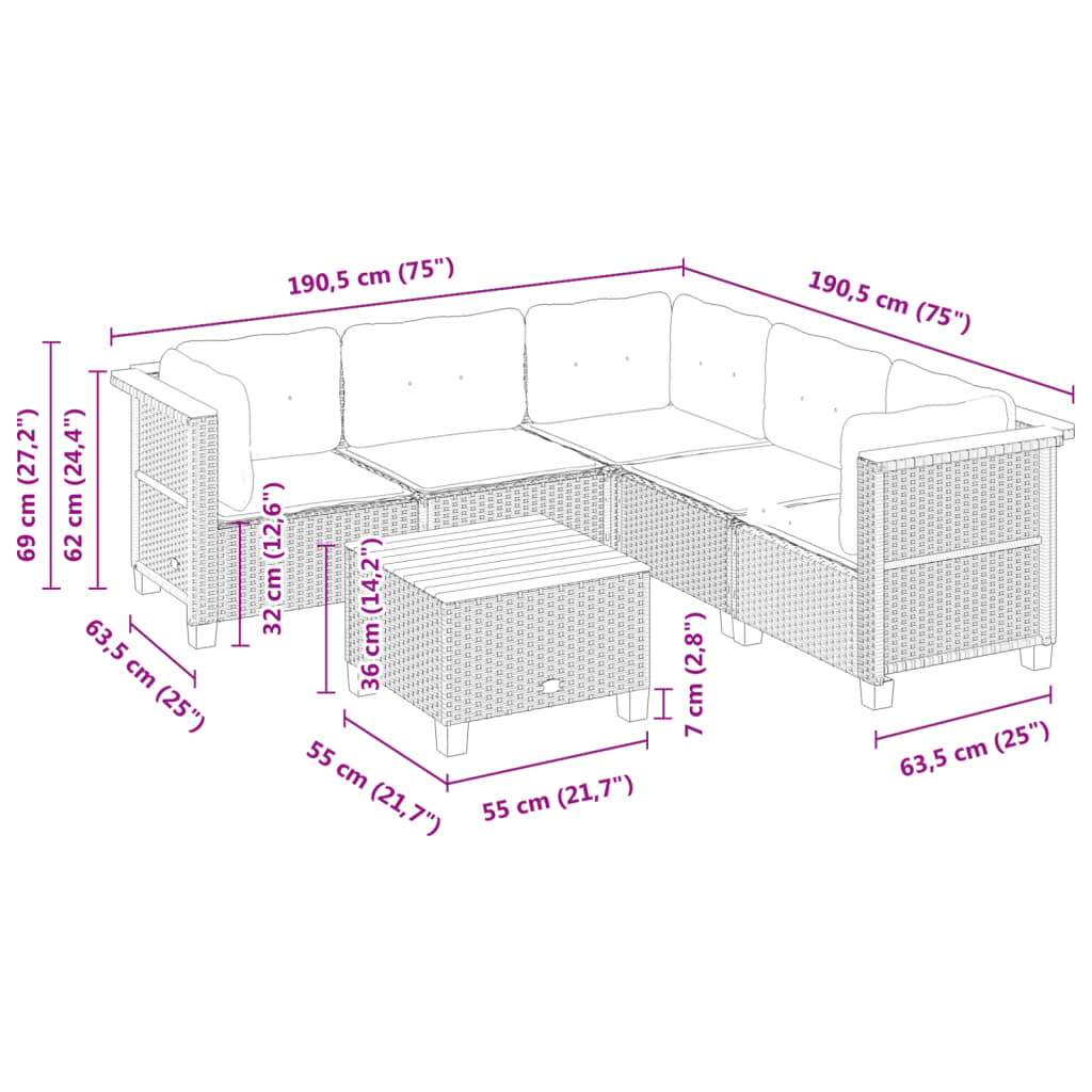 Set Divano da Giardino 6 pz con Cuscini Grigio in Polyrattan