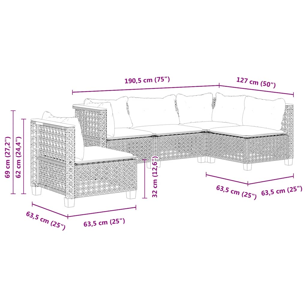 Set Divano da Giardino 5 pz con Cuscini Beige in Polyrattan