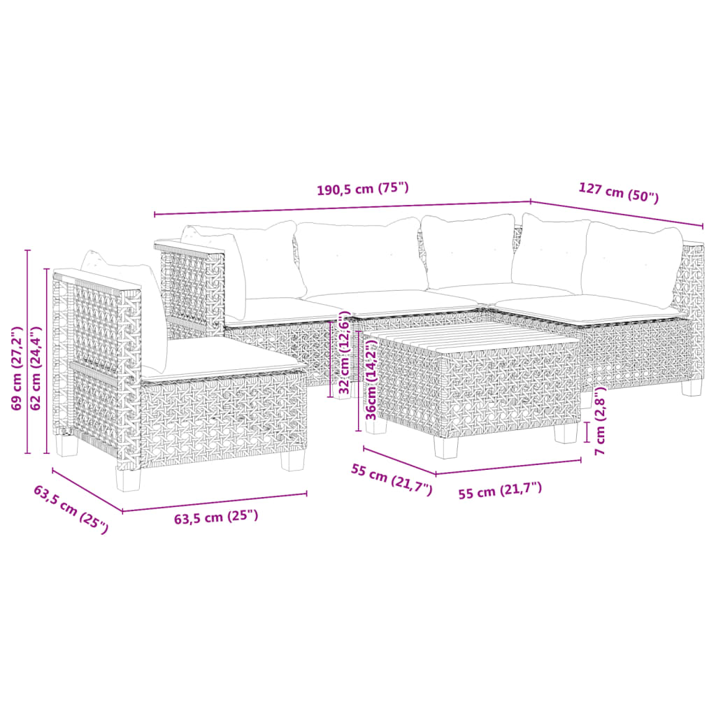 Set Divano da Giardino 6 pz con Cuscini Nero in Polyrattan