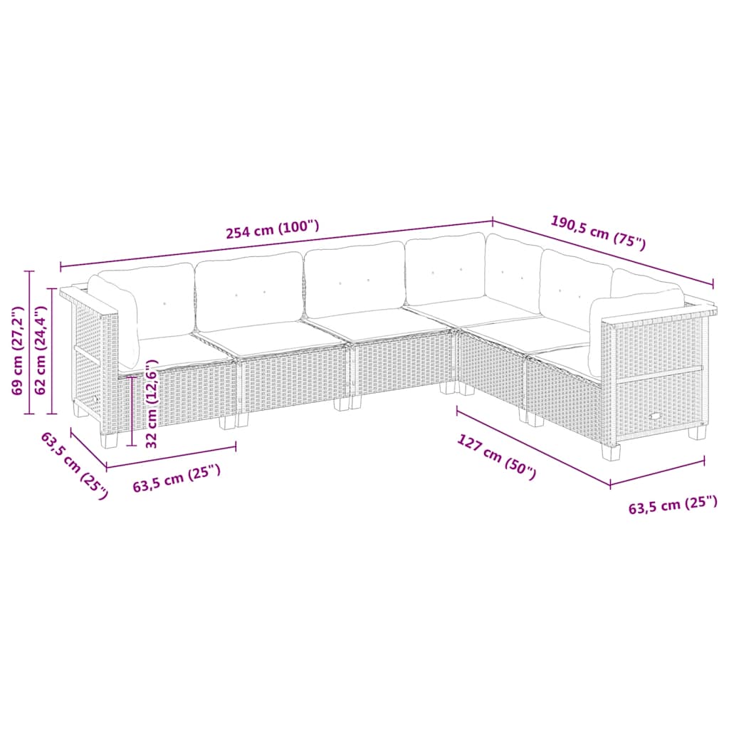 Set Divano da Giardino 6 pz con Cuscini Nero in Polyrattan