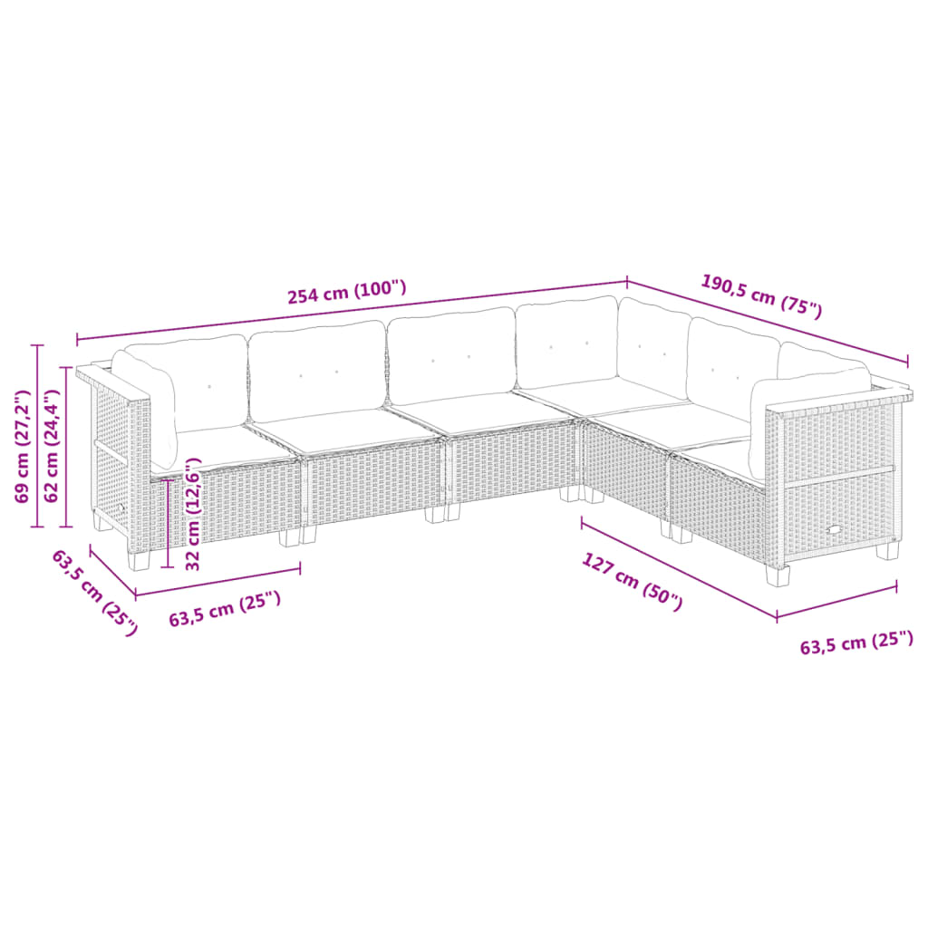 Set Divano da Giardino 6 pz con Cuscini Grigio in Polyrattan