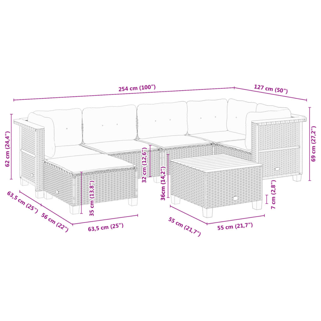 Set Divani da Giardino 7 pz con Cuscini Grigio in Polyrattan