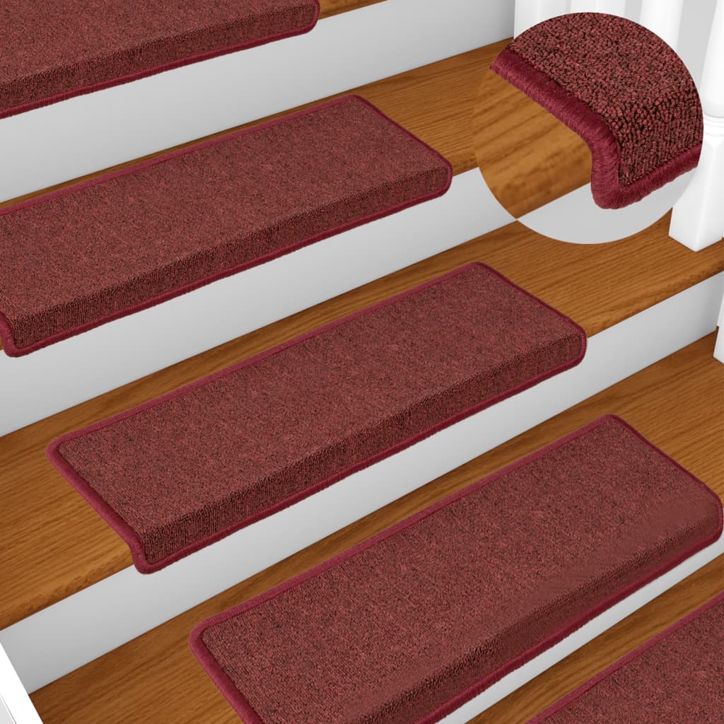 Tappetini per scale 15 pz 65x21x4 cm Bordeaux bordo rettangolare