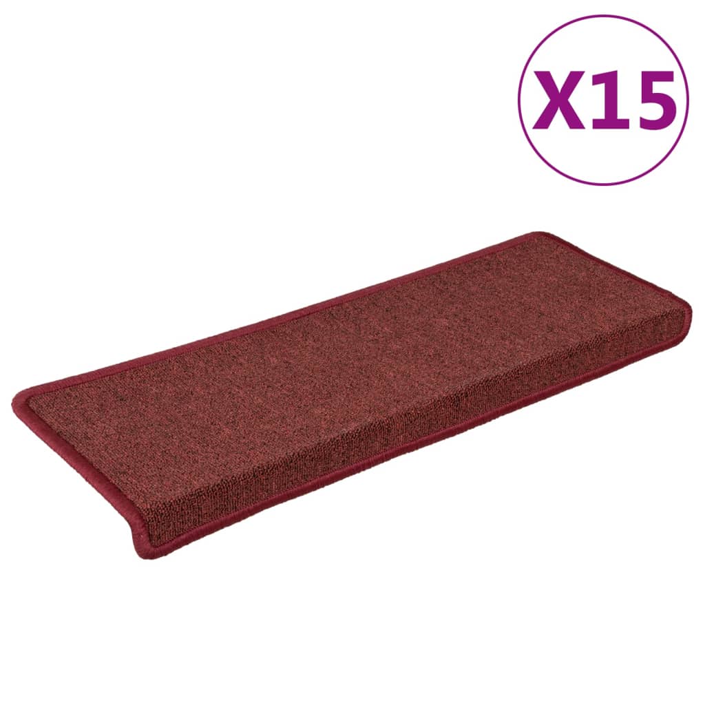 Tappetini per scale 15 pz 65x21x4 cm Bordeaux bordo rettangolare