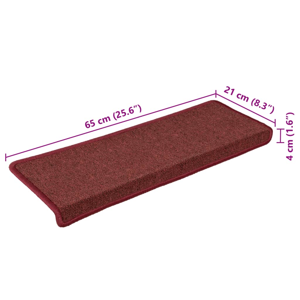Tappetini per scale 15 pz 65x21x4 cm Bordeaux bordo rettangolare