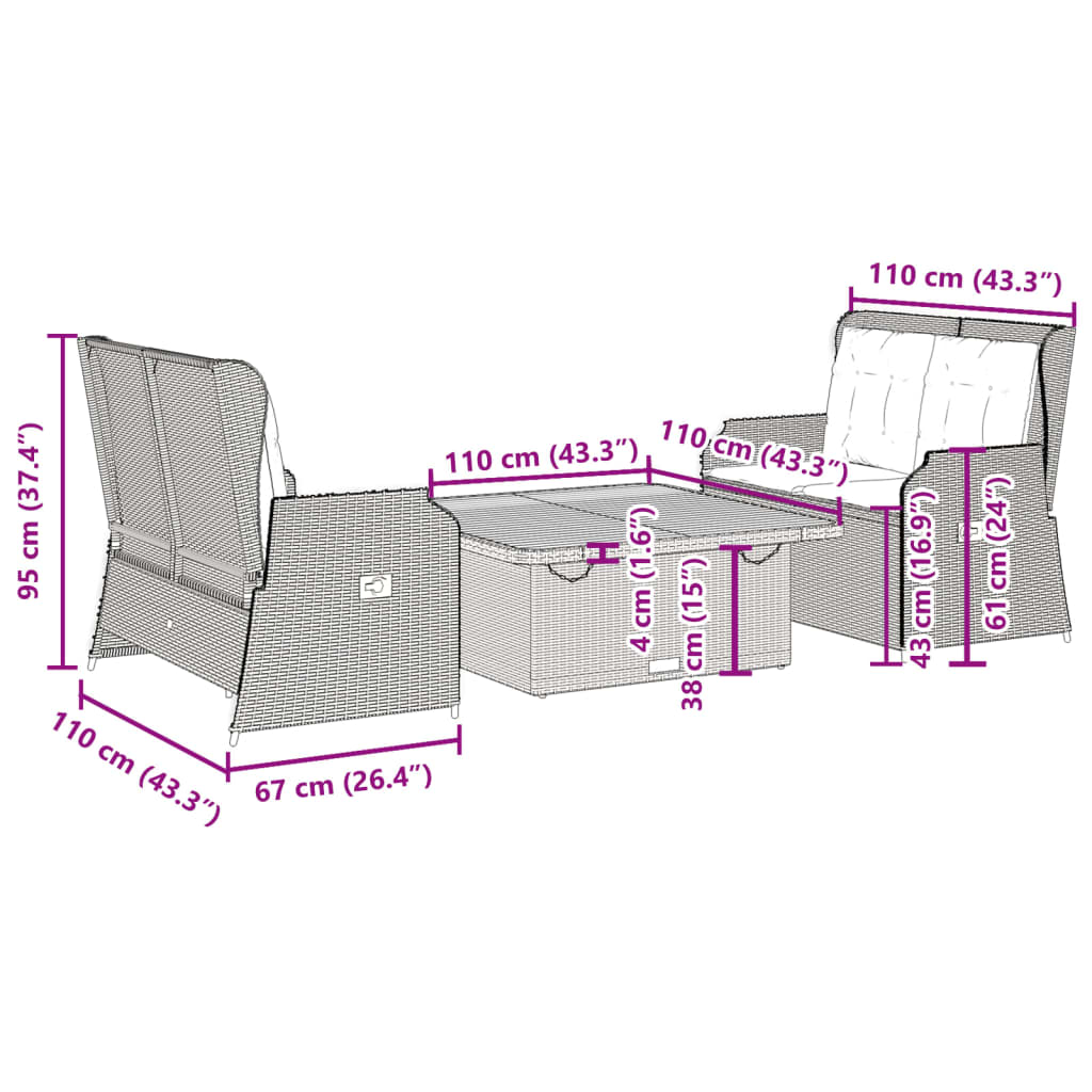 Set Divani da Giardino 3 pz con Cuscini in Polyrattan Grigio