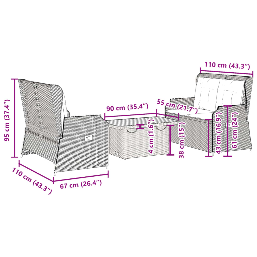 Set Divani da Giardino 3 pz con Cuscini in Polyrattan Beige