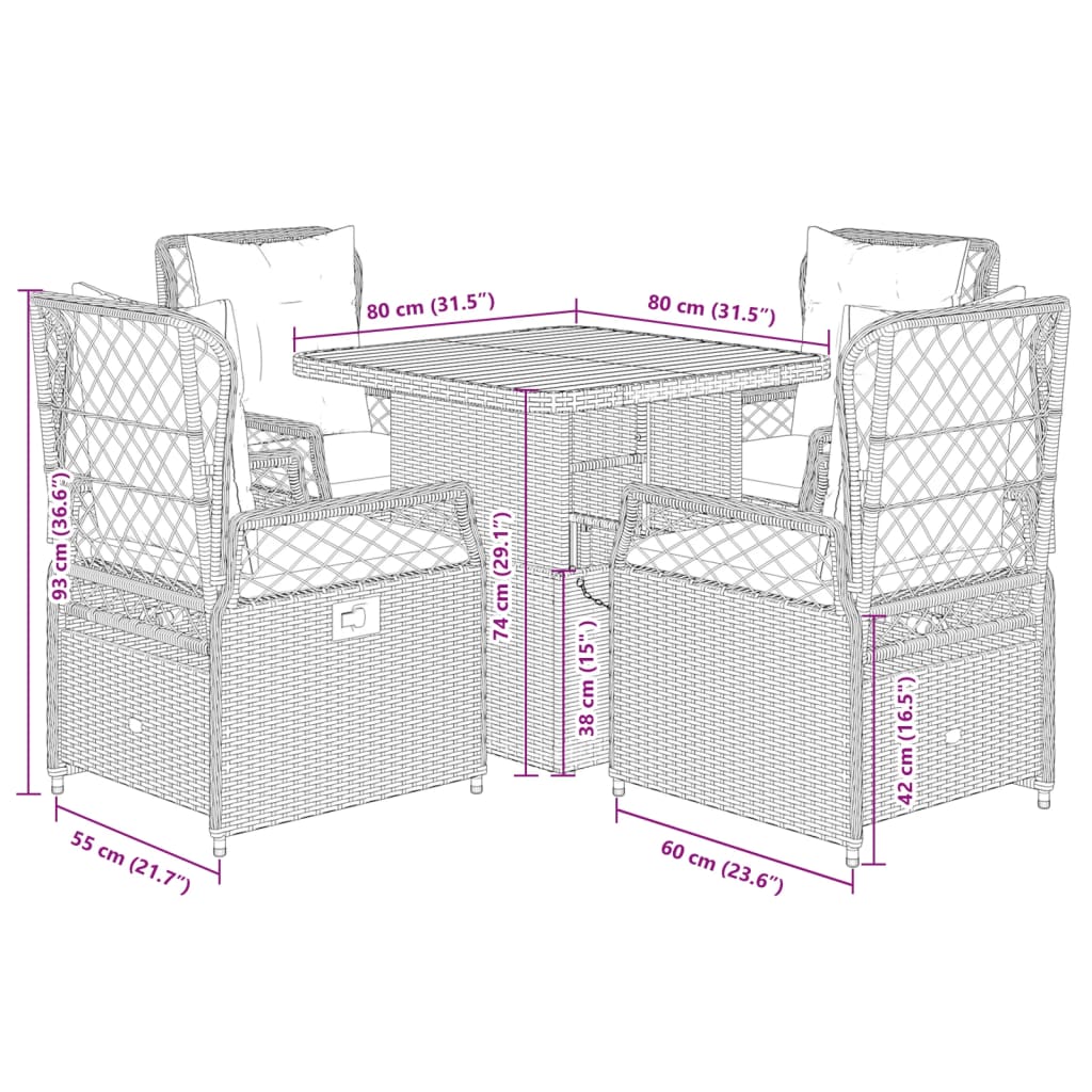 Set da Pranzo da Giardino 5 pz Nero con Cuscini in Polyrattan