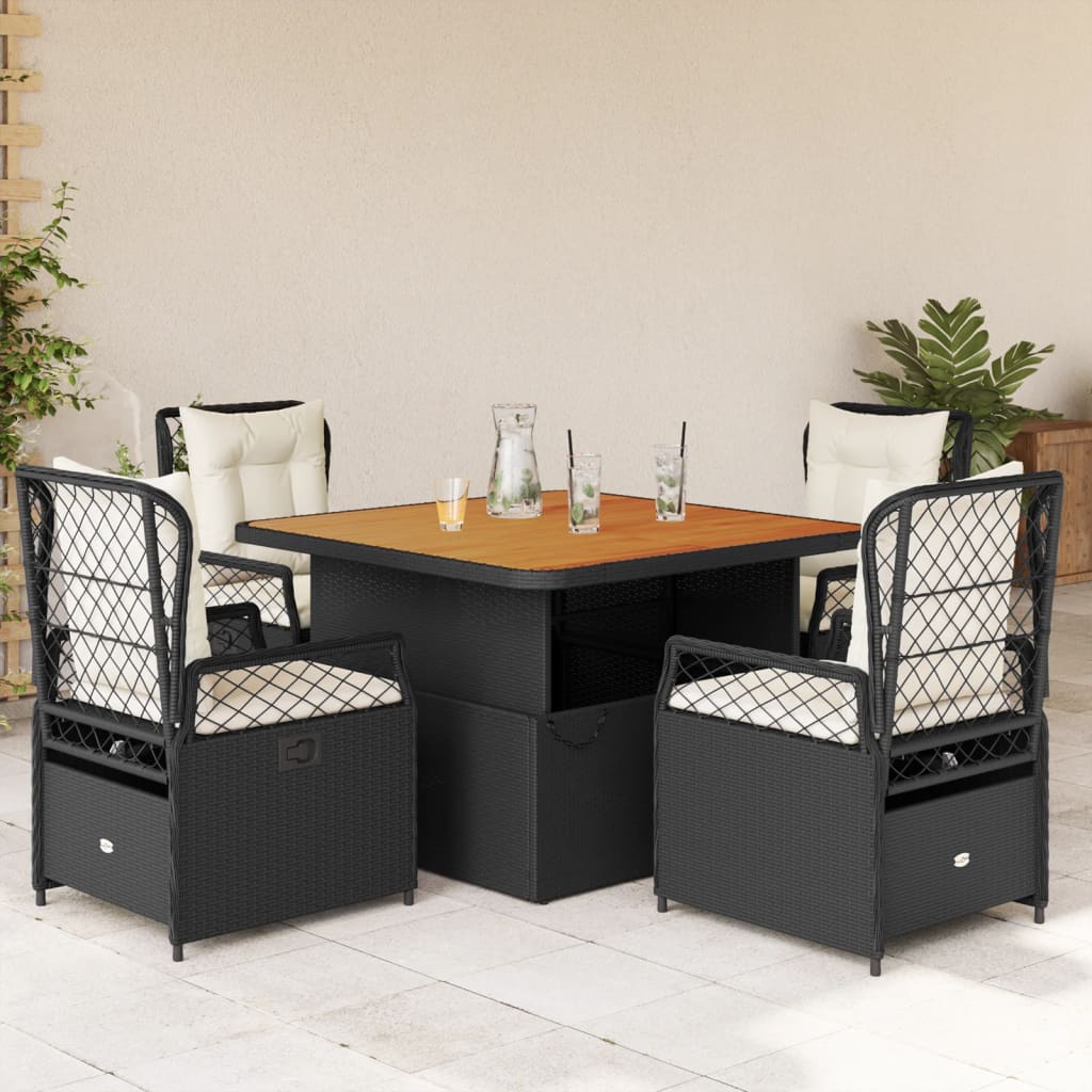 Set da Pranzo da Giardino 5 pz Nero con Cuscini in Polyrattan