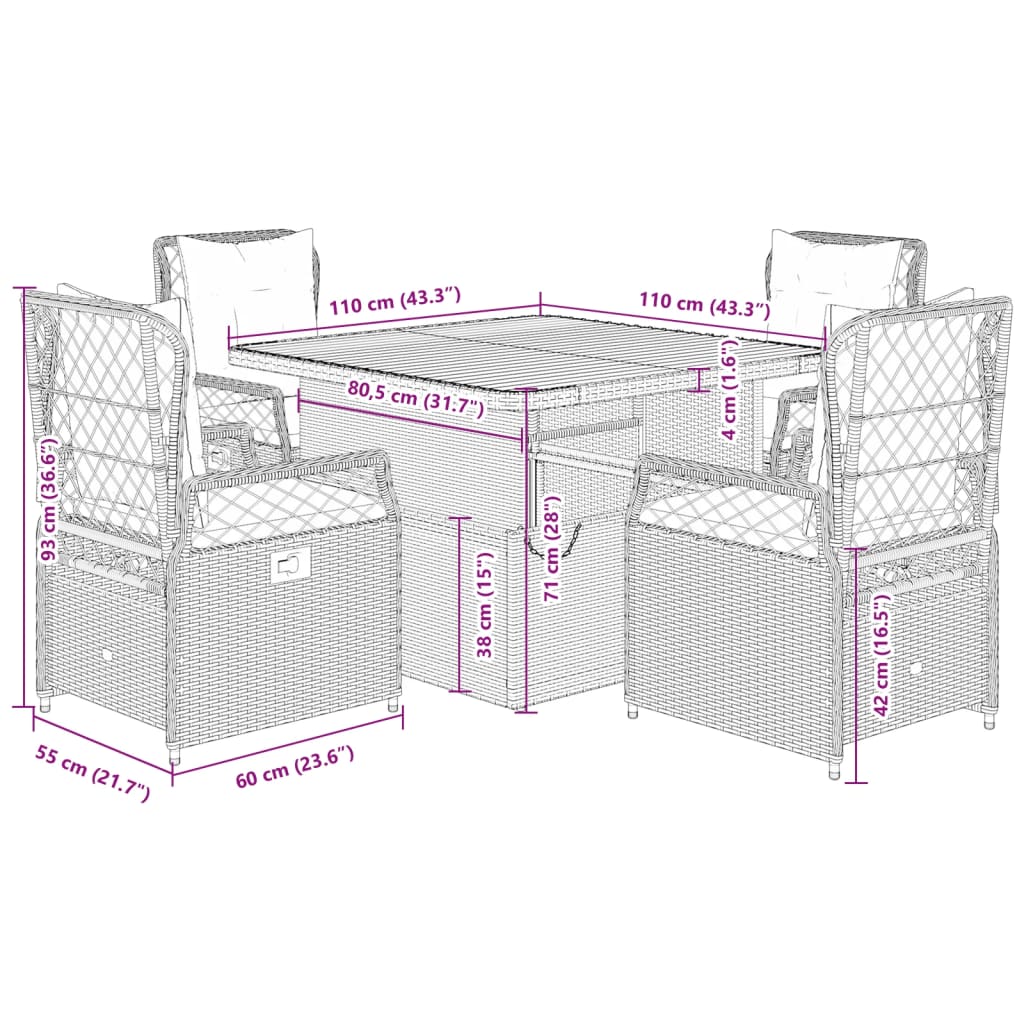 Set da Pranzo da Giardino 5 pz Nero con Cuscini in Polyrattan
