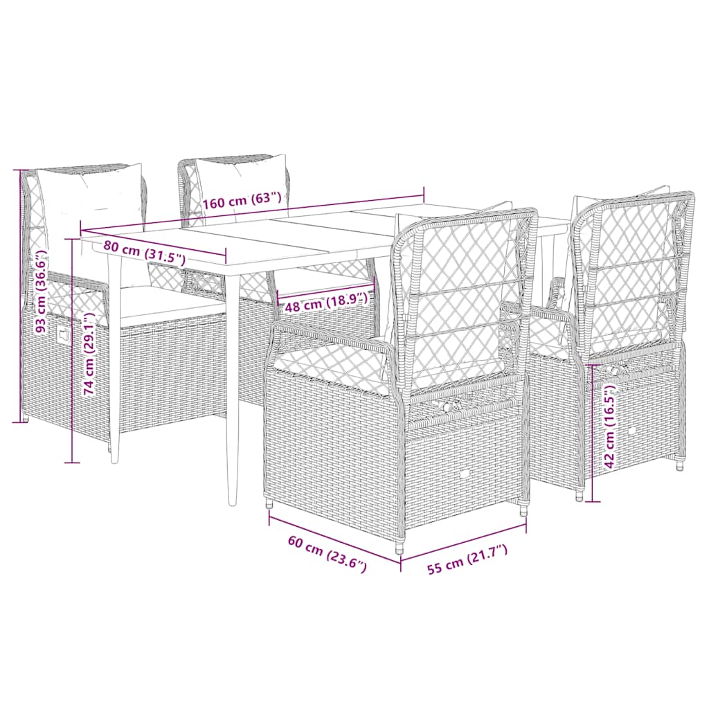 Set da Pranzo da Giardino 5 pz Nero con Cuscini in Polyrattan
