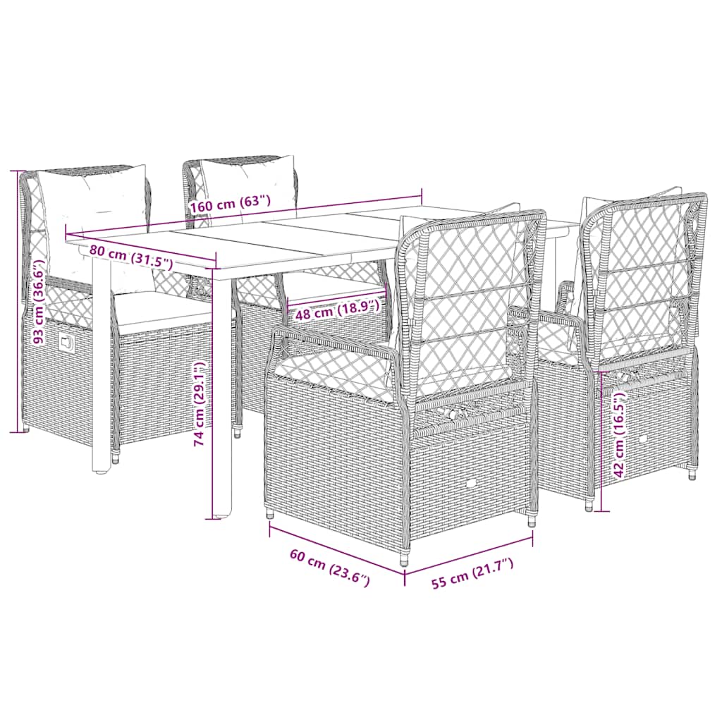 Set da Pranzo da Giardino 5 pz Nero con Cuscini in Polyrattan