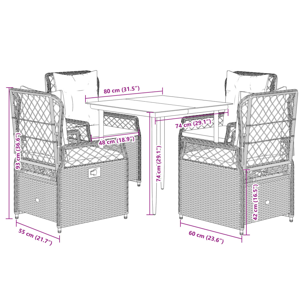 Set da Pranzo da Giardino 5pz con Cuscini in Polyrattan Marrone