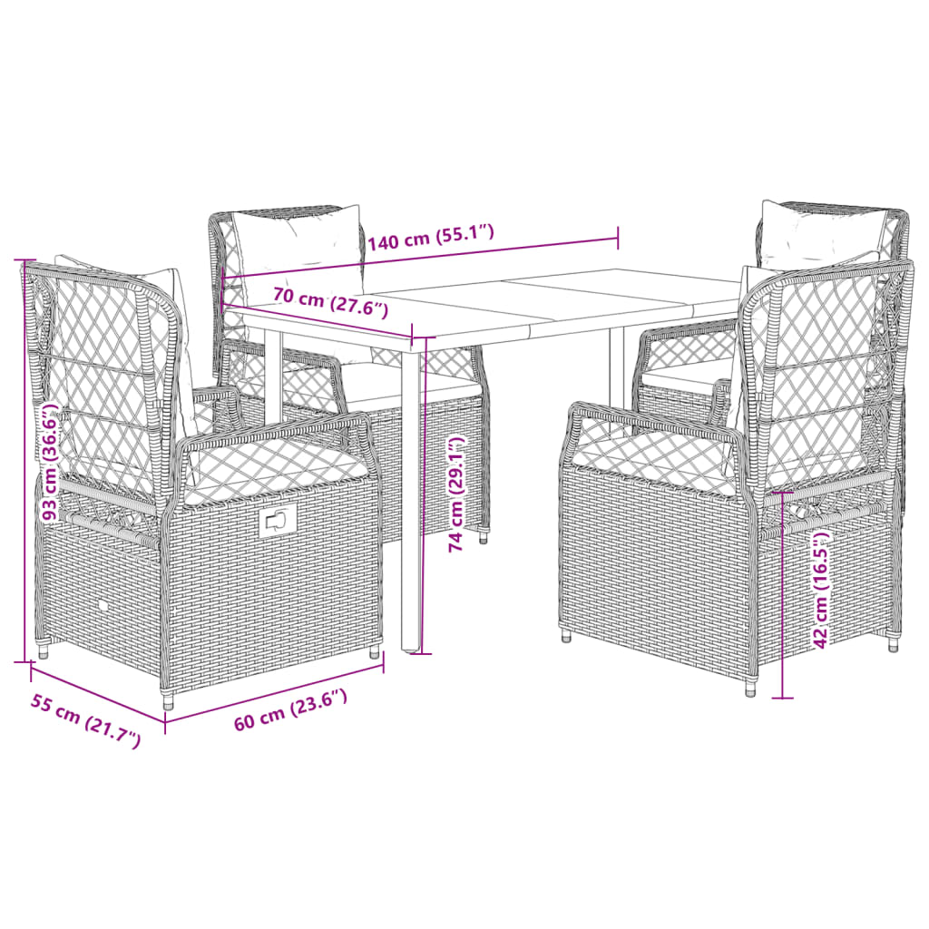 Set da Pranzo da Giardino 5pz con Cuscini in Polyrattan Marrone