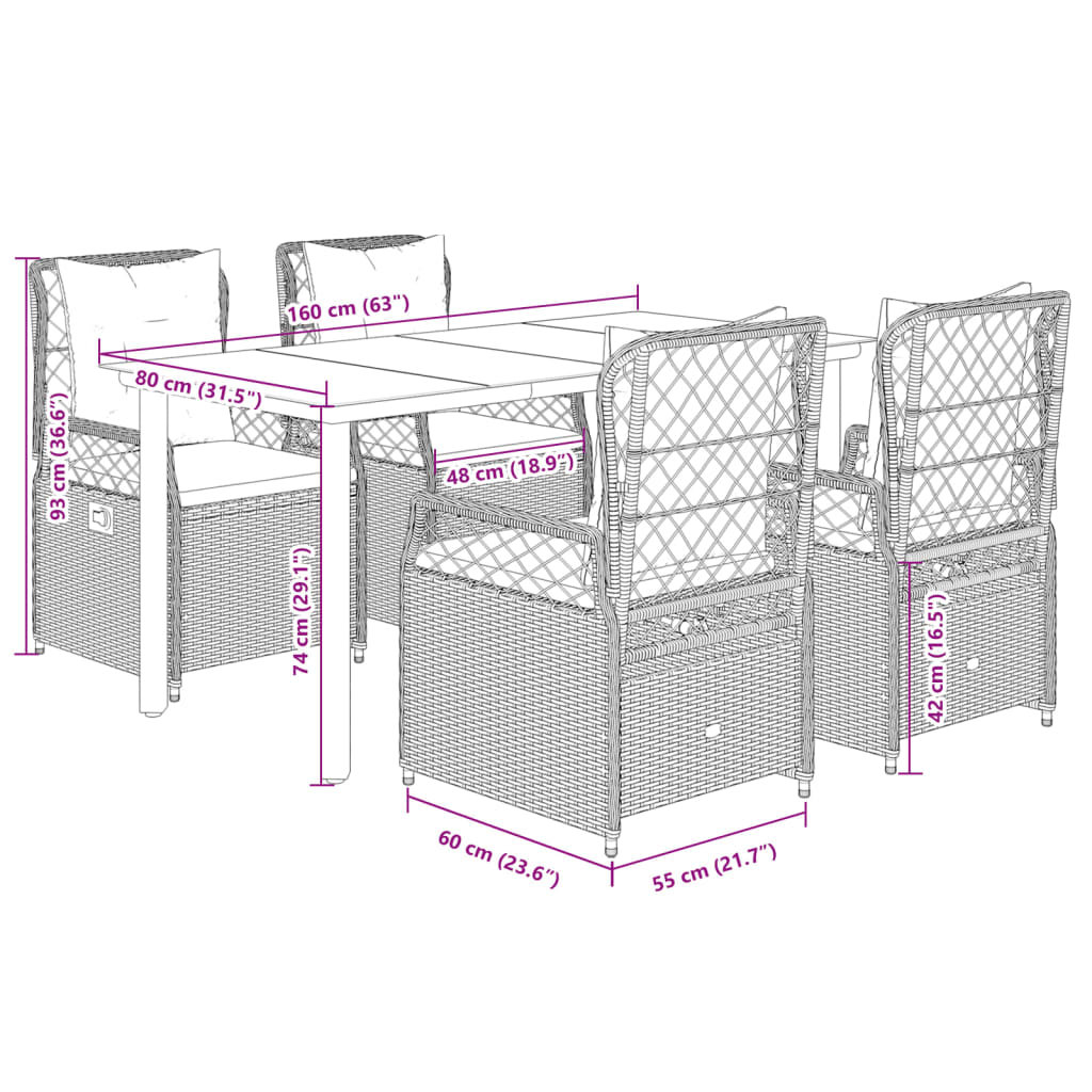 Set da Pranzo da Giardino 5pz con Cuscini in Polyrattan Marrone