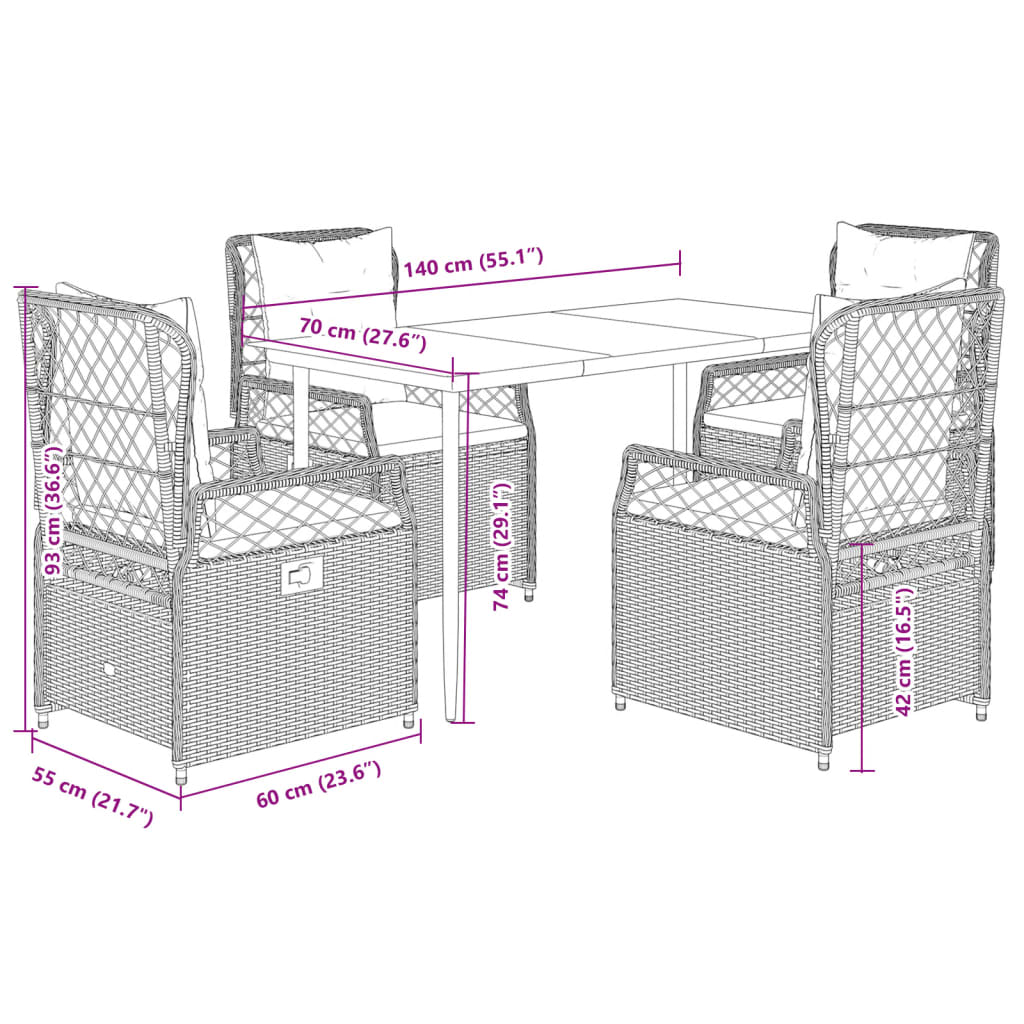 Set da Pranzo da Giardino 5 pz con Cuscini in Polyrattan Grigio