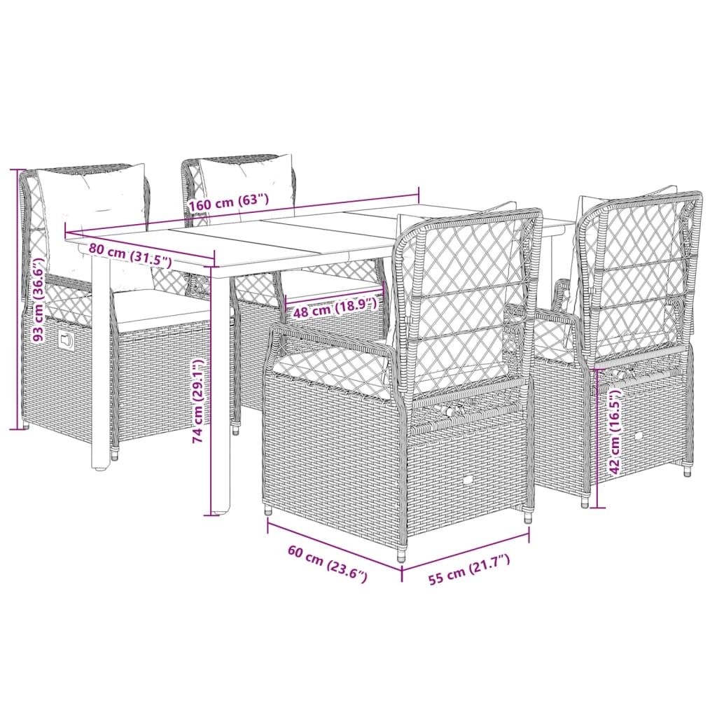 Set da Pranzo da Giardino 5 pz con Cuscini in Polyrattan Grigio